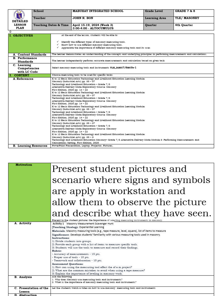Grade 7-8 Masonry Measurement Lesson Plan | PDF | Foot (Unit) | Inch
