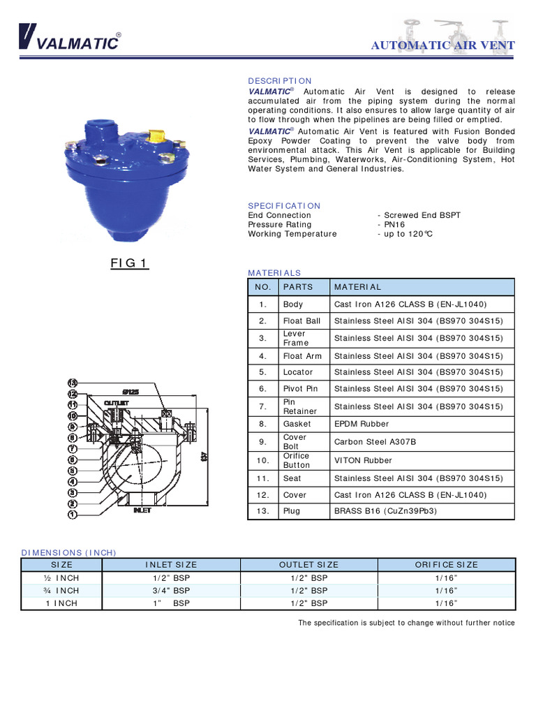 Air Vent Valmatic Datat Sheet | PDF | Valve | Building Materials