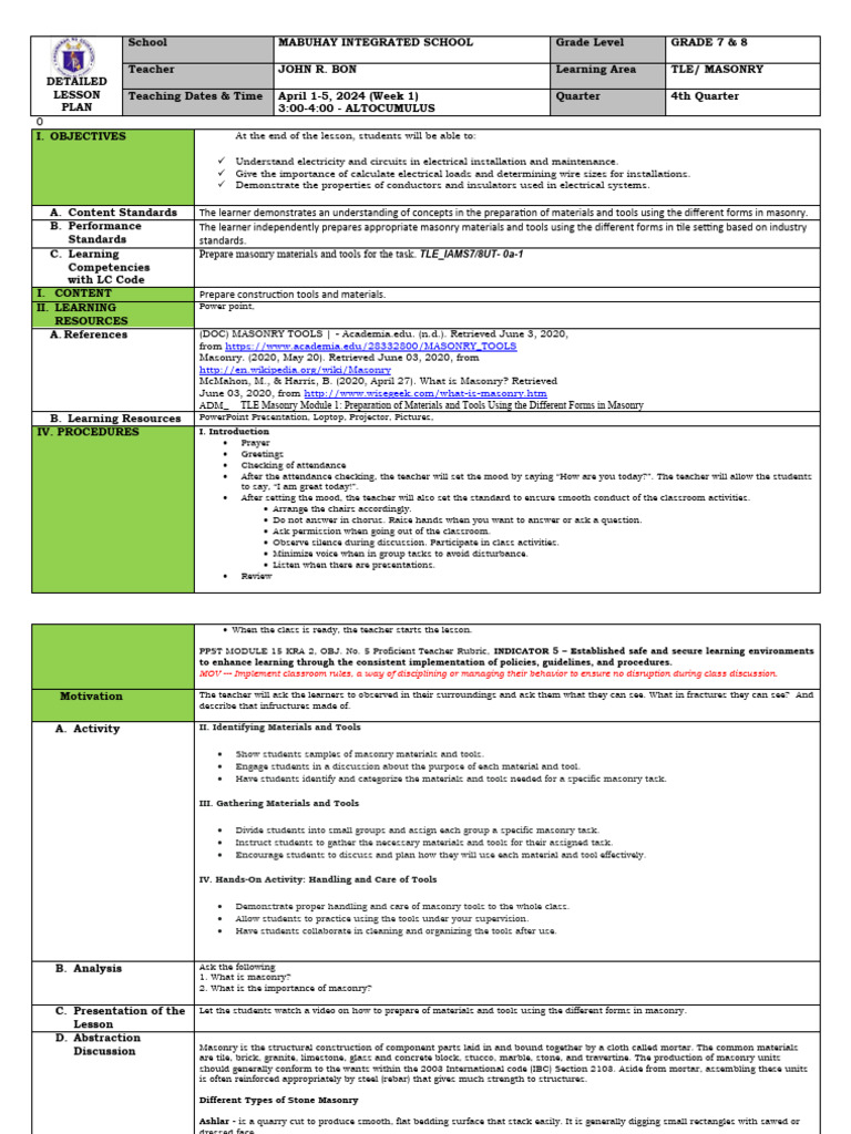 TLE Grade 7-8 Masonry Lesson Plan | PDF | Masonry | Brick