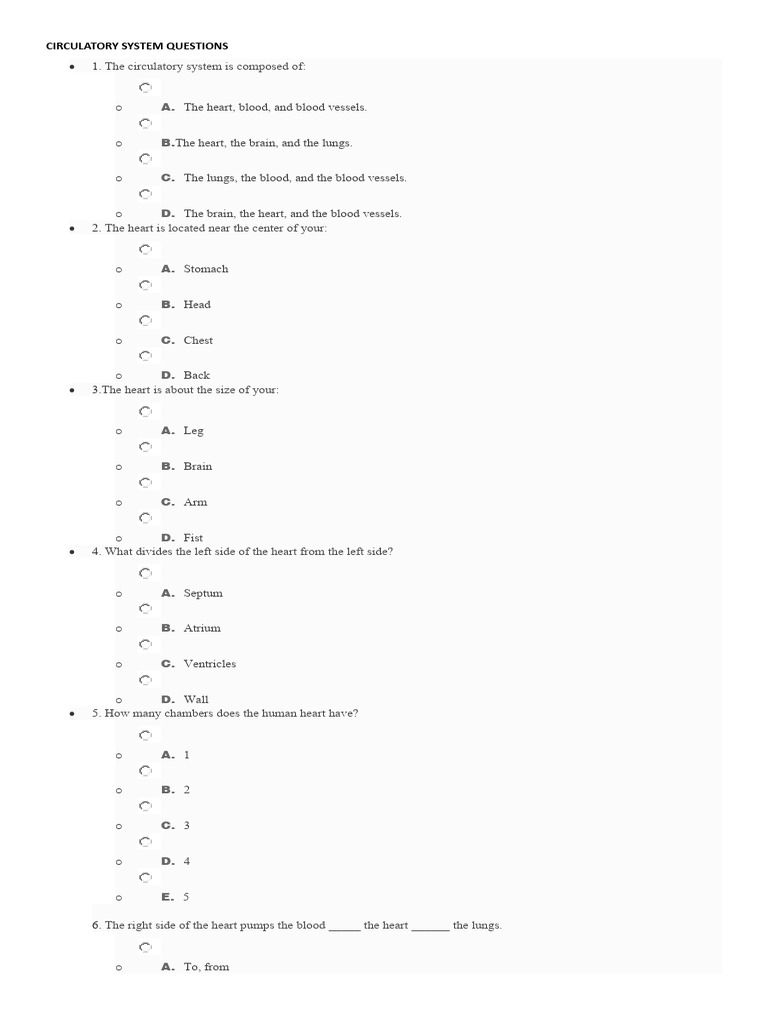Circulatory System Questions A | PDF | Heart | Blood