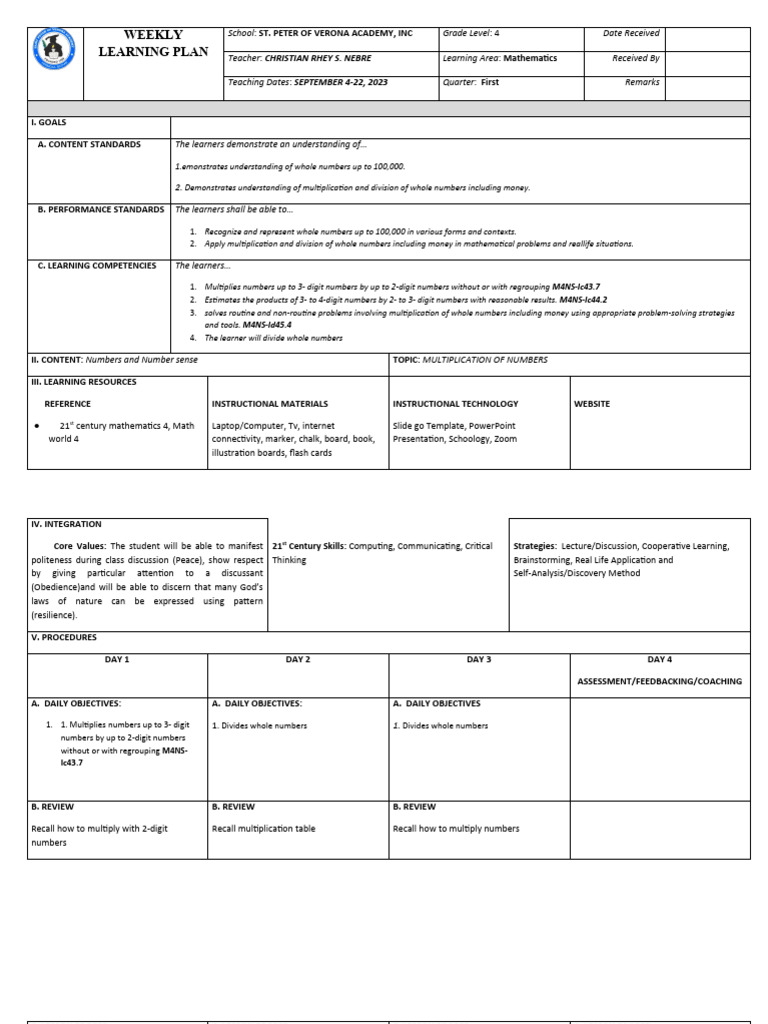 Grade 4 Math Weekly Learning Plan | PDF | Learning | Mathematics