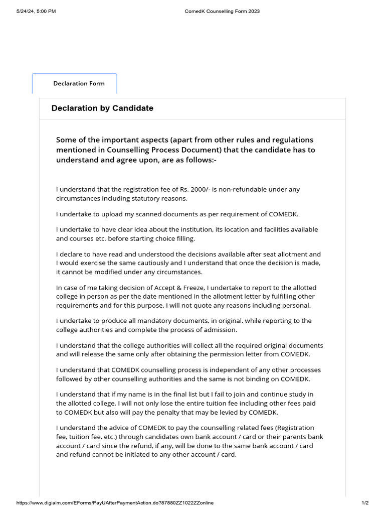 COMEDK Candidate Declaration Form 2023 | PDF | Banks | Fee