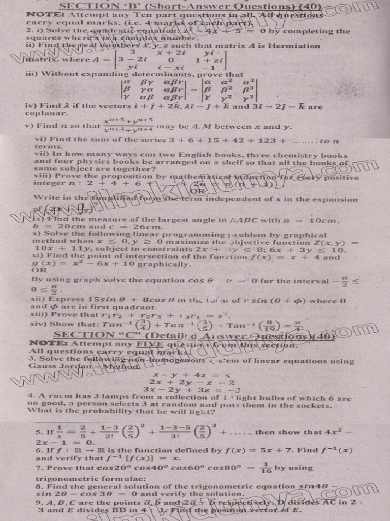 Past Paper 2023 Karachi Board Inter Part I Mathematics Subjective | PDF