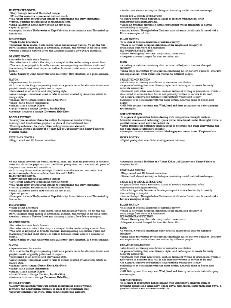 21ST cENTURY LIT GENRES HANDOUT | PDF | Creative Nonfiction | Manga