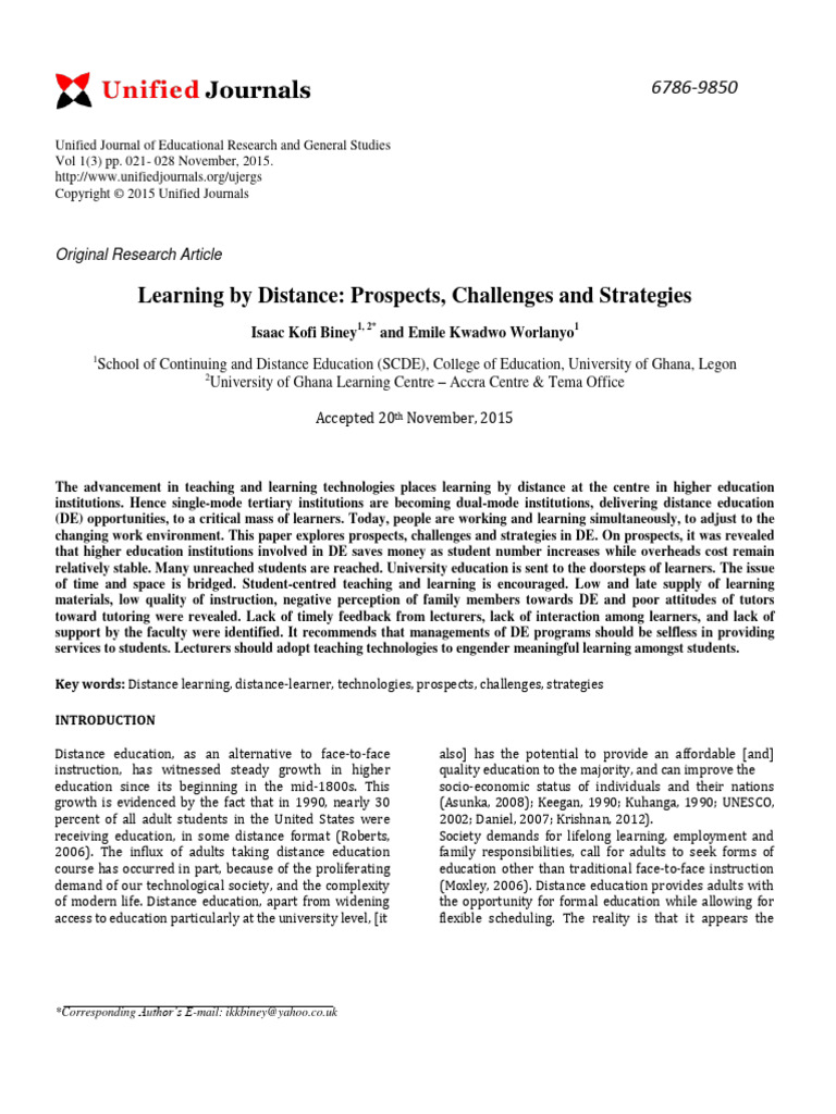 Learning By Distance Prospects Challenges And Strategies Pdf