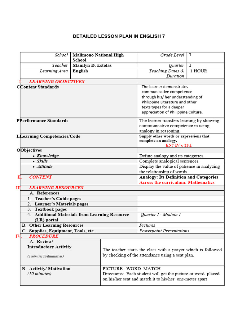 Detailed Lesson Plan in English 7-Week 1 | PDF | Learning | Analogy
