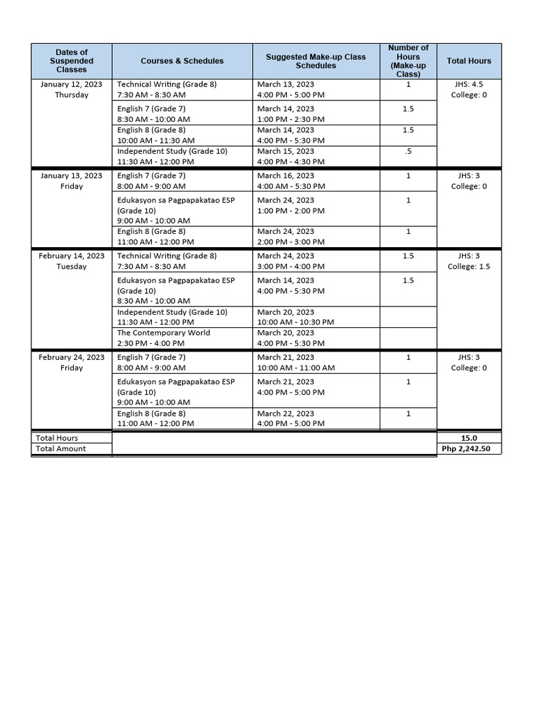 Suspended Class Make-up Schedule | PDF