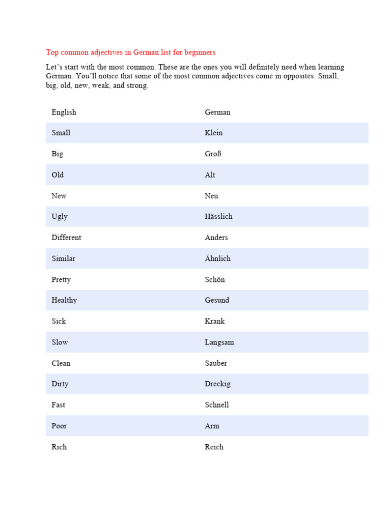 Essential German Adjectives for Beginners | PDF | Adjective | Color