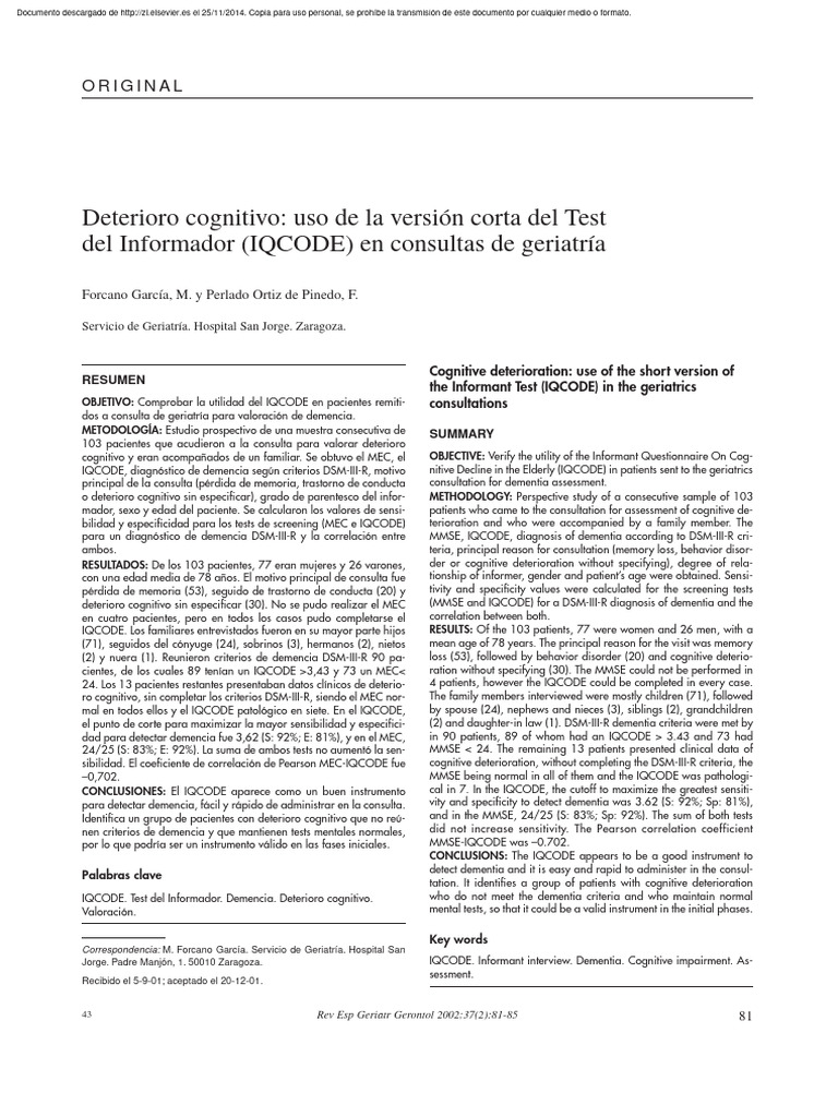 IQCODE Forcano Et Als 2002 | PDF | Medicina CLINICA | Medicina