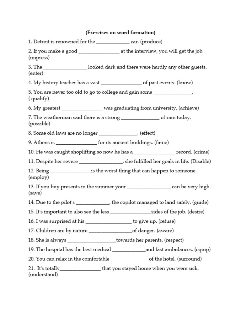 Word Formation Exercises and Answers | PDF