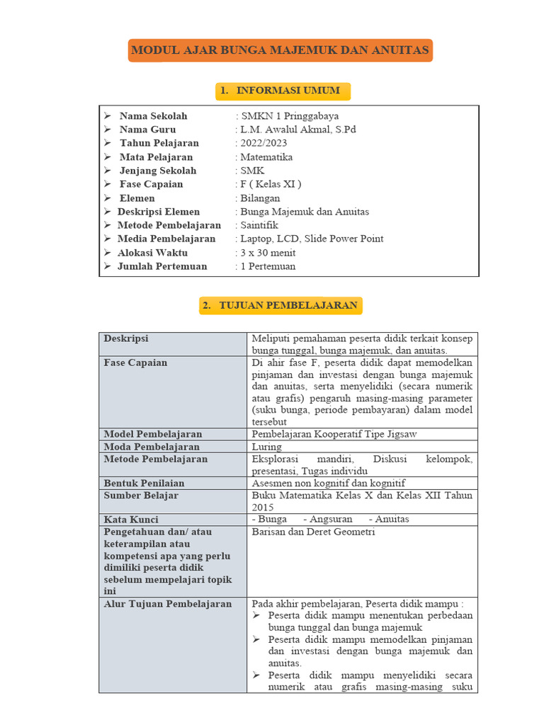 Modul Ajar Bunga Majemuk Dan Anuitas Supervisi Pdf
