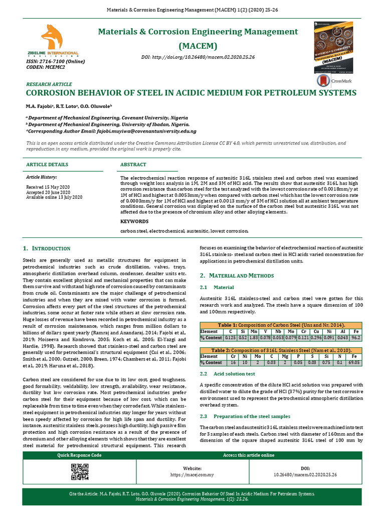 Corrosion Behavior of Steel in Acidic Me | PDF | Stainless Steel ...