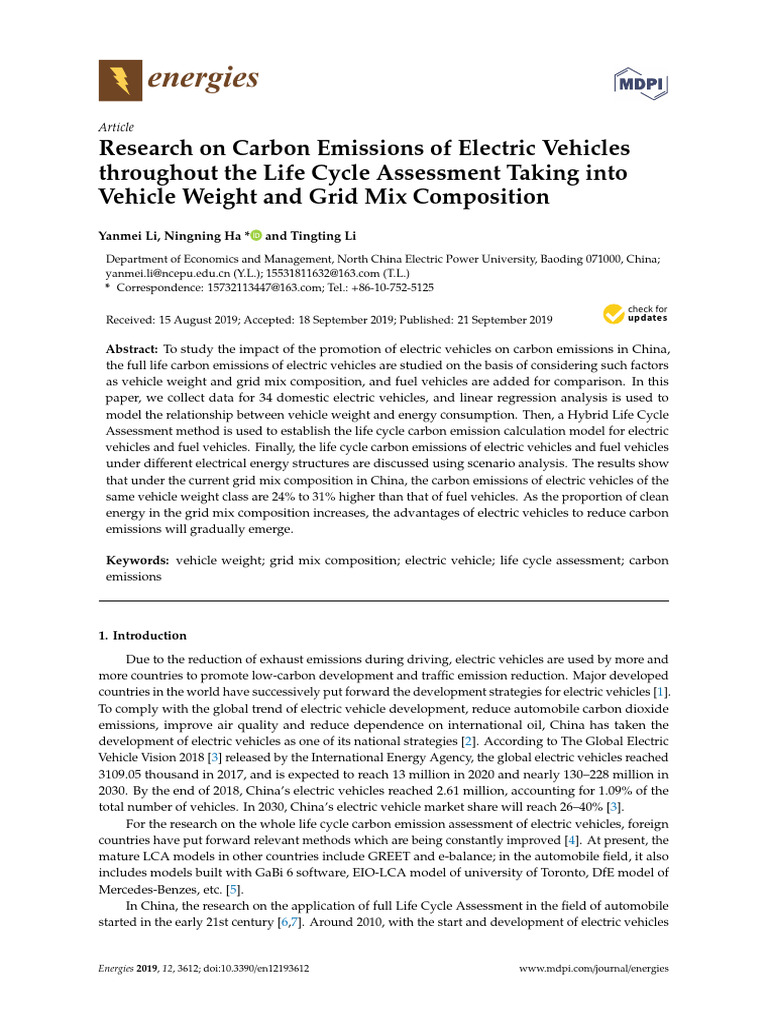 Carbon Emissions of Chery EQ1 Electric Vehicles | PDF | Life Cycle ...