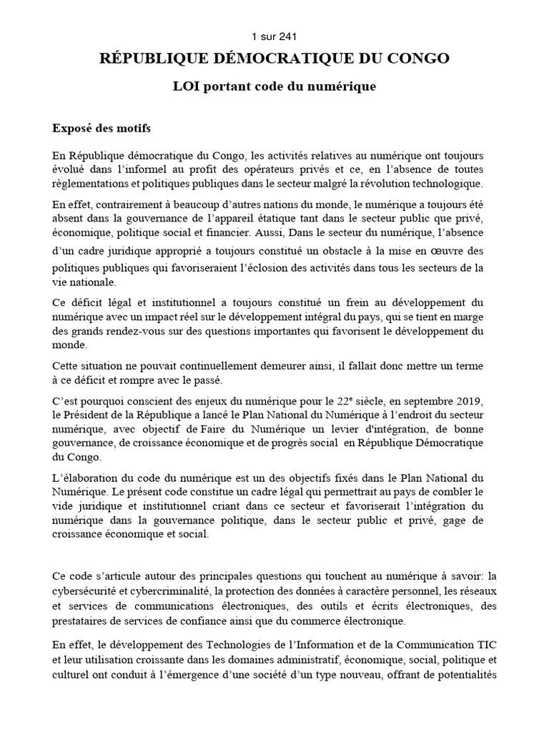 Code du Numérique en RDC: Cadre Légal | PDF | Informatique ...