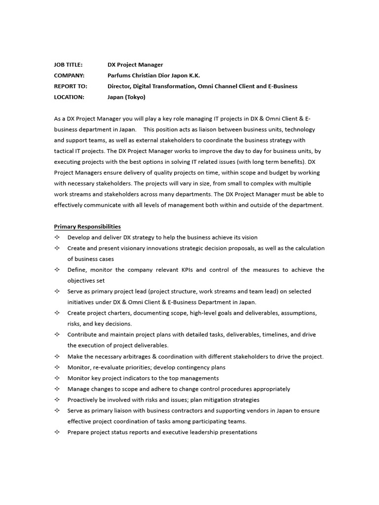 DX Project Manager at Parfums Dior Japan | PDF | Project Management ...