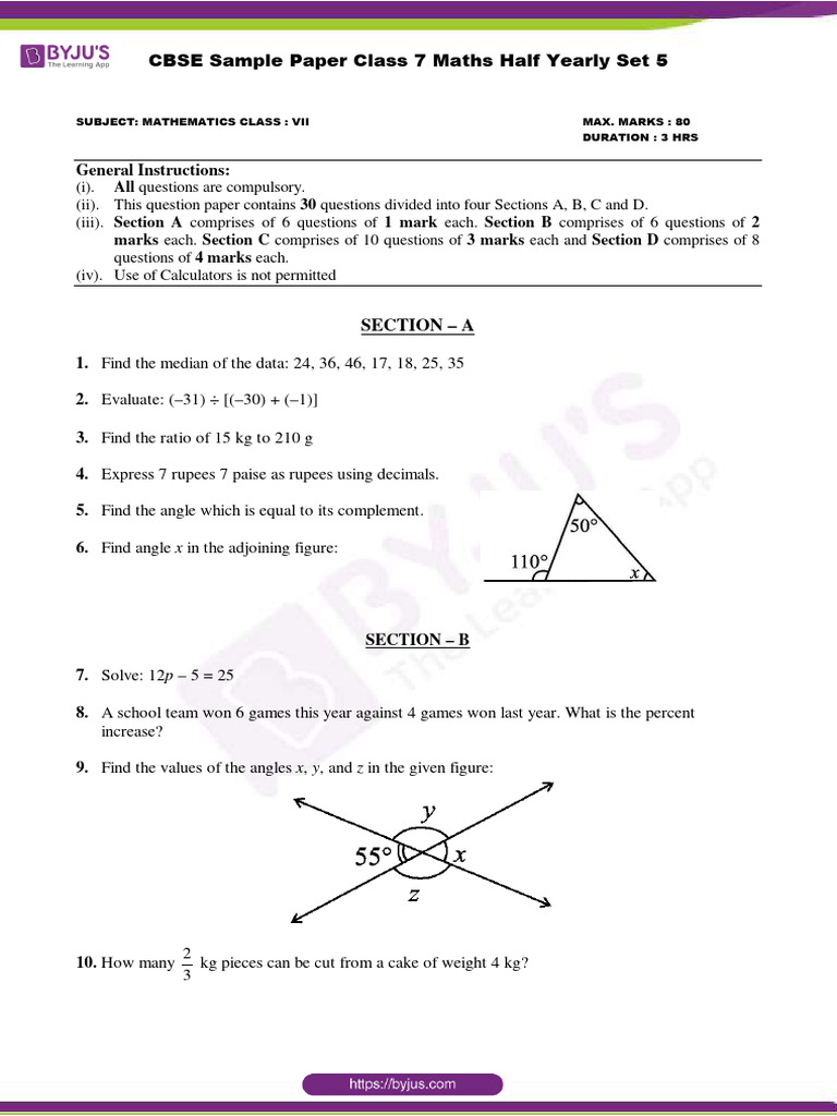 Class 7 Maths Half Yearly Sample Paper | PDF | Mathematics | Euclidean ...