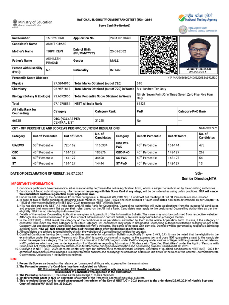 NEET UG 2024 Score Card for Ankit Kumar | PDF | Justice | Crime & Violence