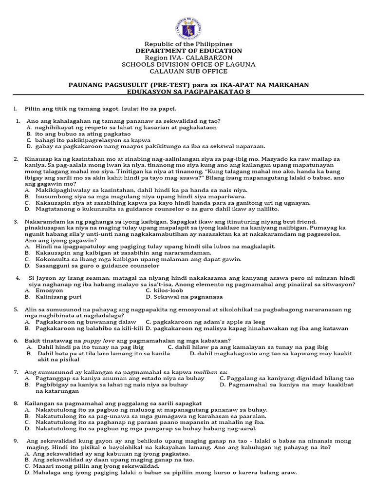 4th Quarter Pre Test EsP 8 23 24 | PDF