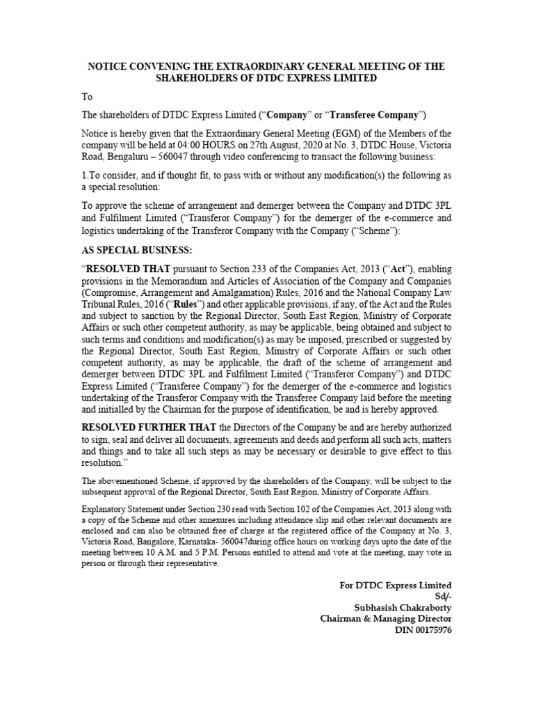DTDC Express EGM Notice | PDF | Taxes | Securities (Finance)