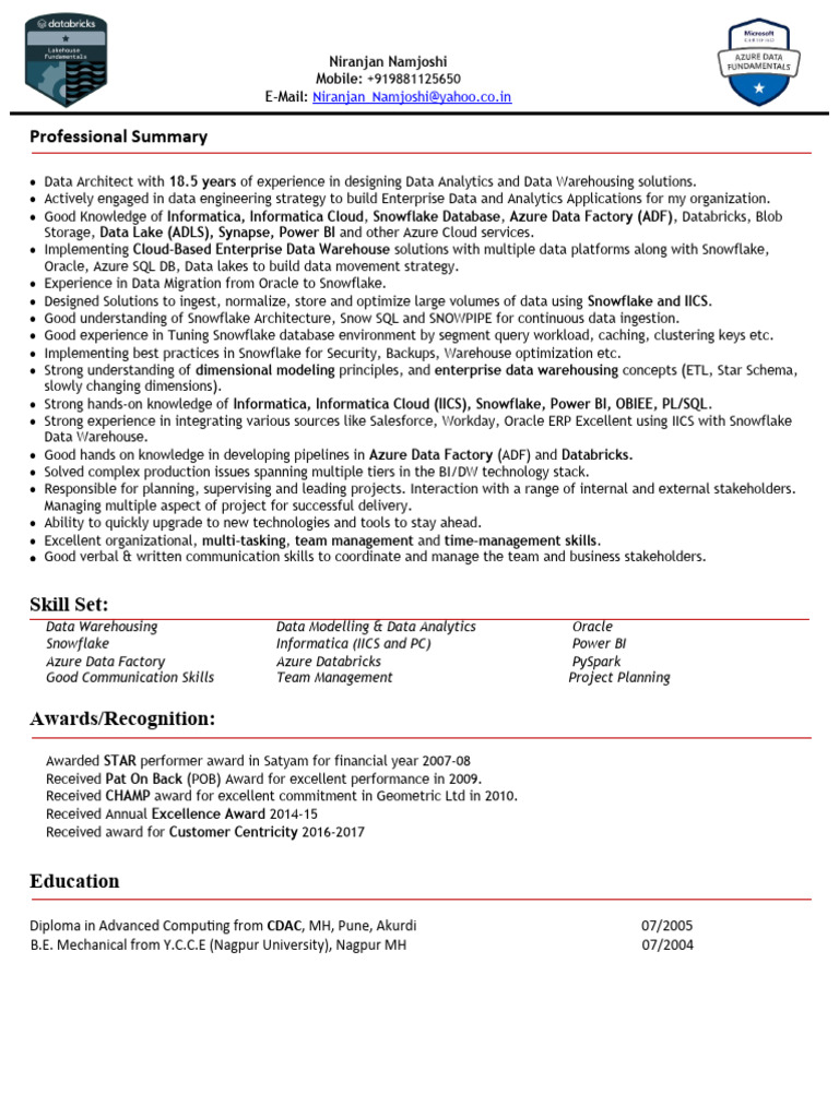 Niranjan namjoshi profile pdf data warehouse microsoft sql server