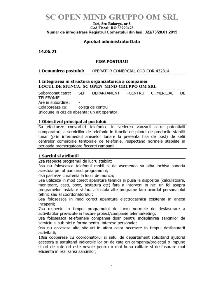 Fisa de Post OPERATOR COMERCIAL | PDF