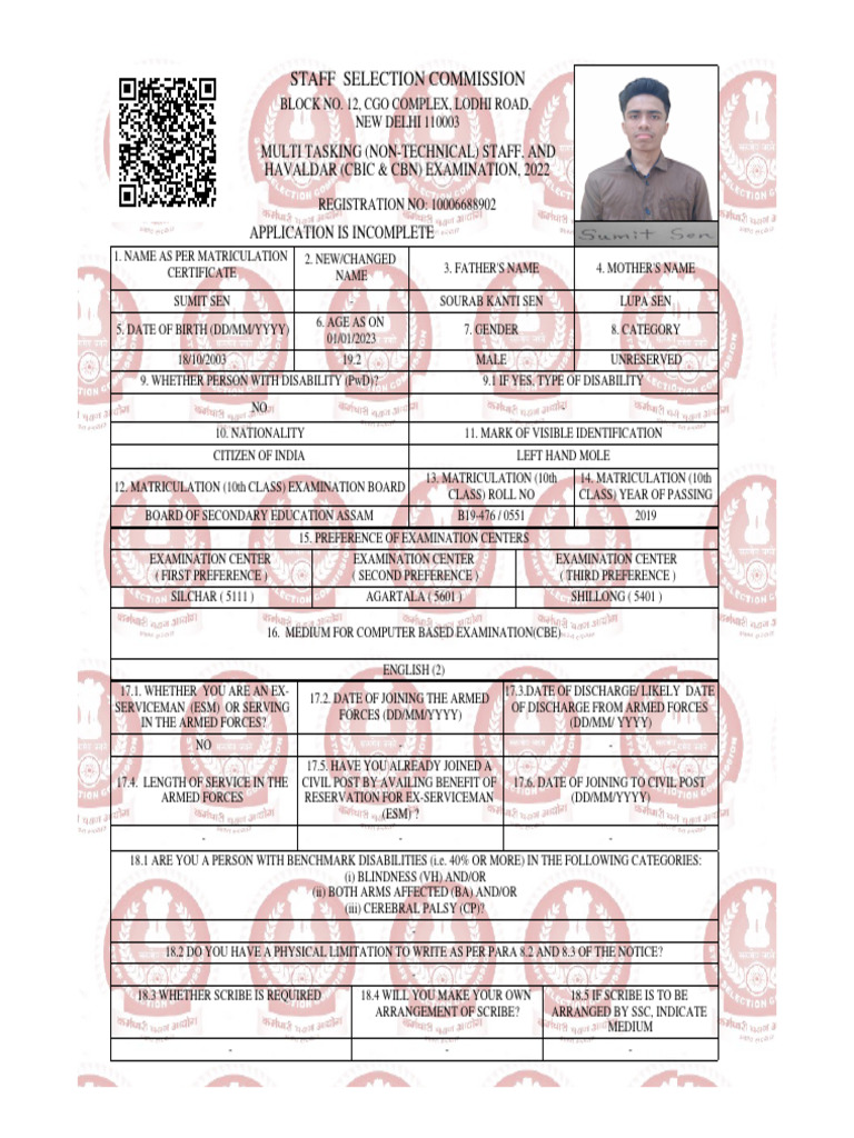 Incomplete SSC MTS & Havaldar Application | PDF