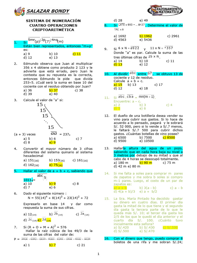 Problemas de Numeración y Operaciones | PDF | Sustracción | División ...