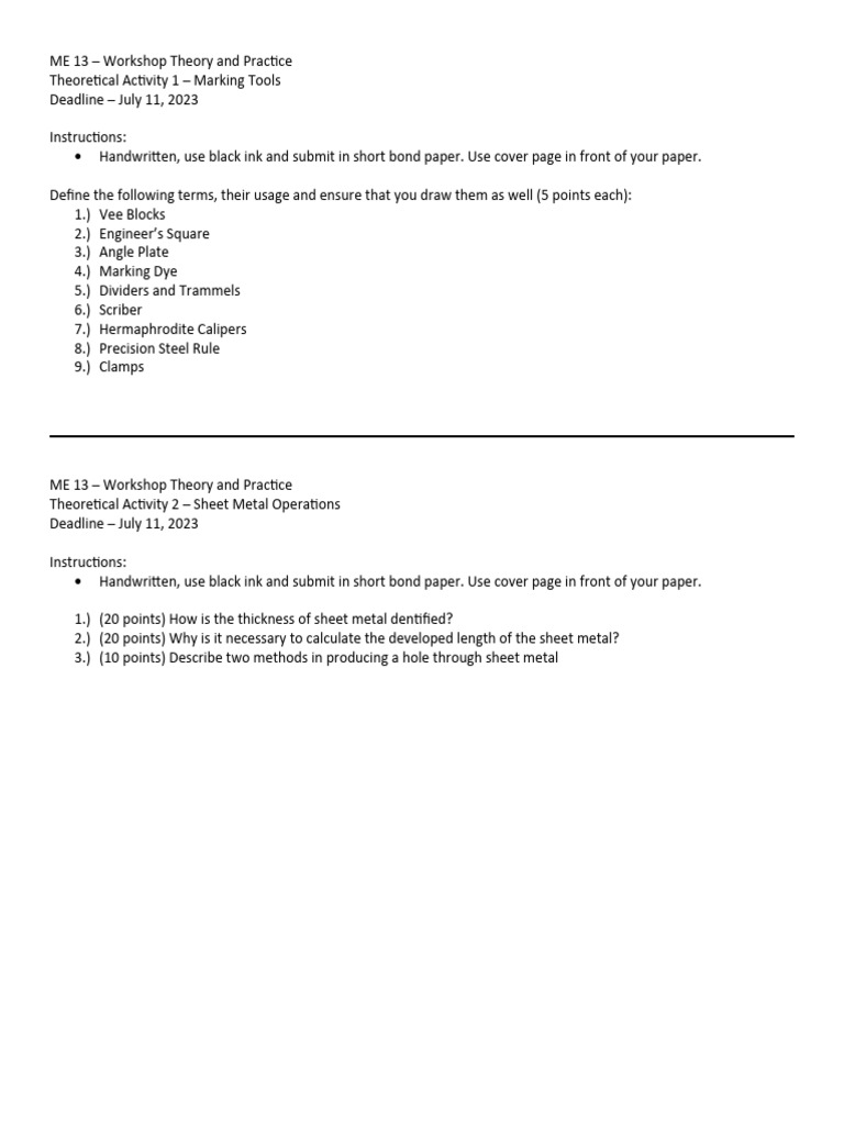 Workshop Theory and Practice Activities | PDF | Sheet Metal | Secondary ...