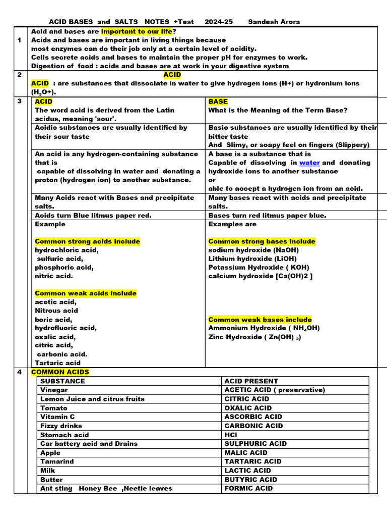 ACID BASE SALT Only Complete NOTES 2023-2024 | PDF | Hydroxide | Acid
