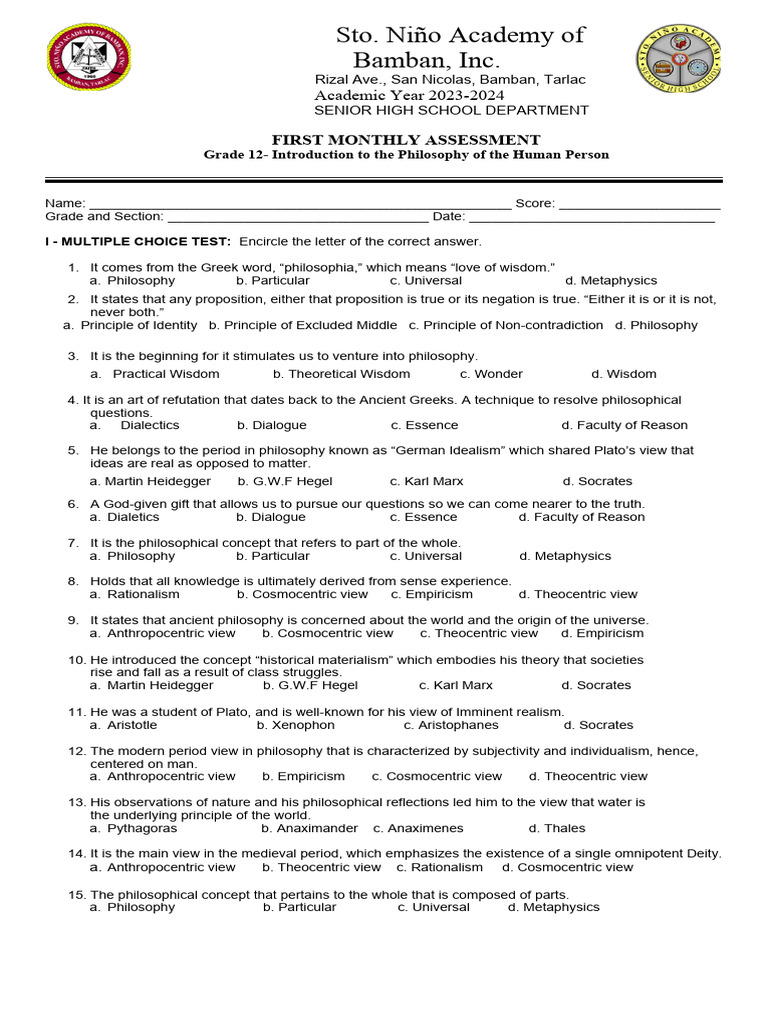 1st Monthly Exam Grade 12 - Philosophy of The Human Person | PDF ...