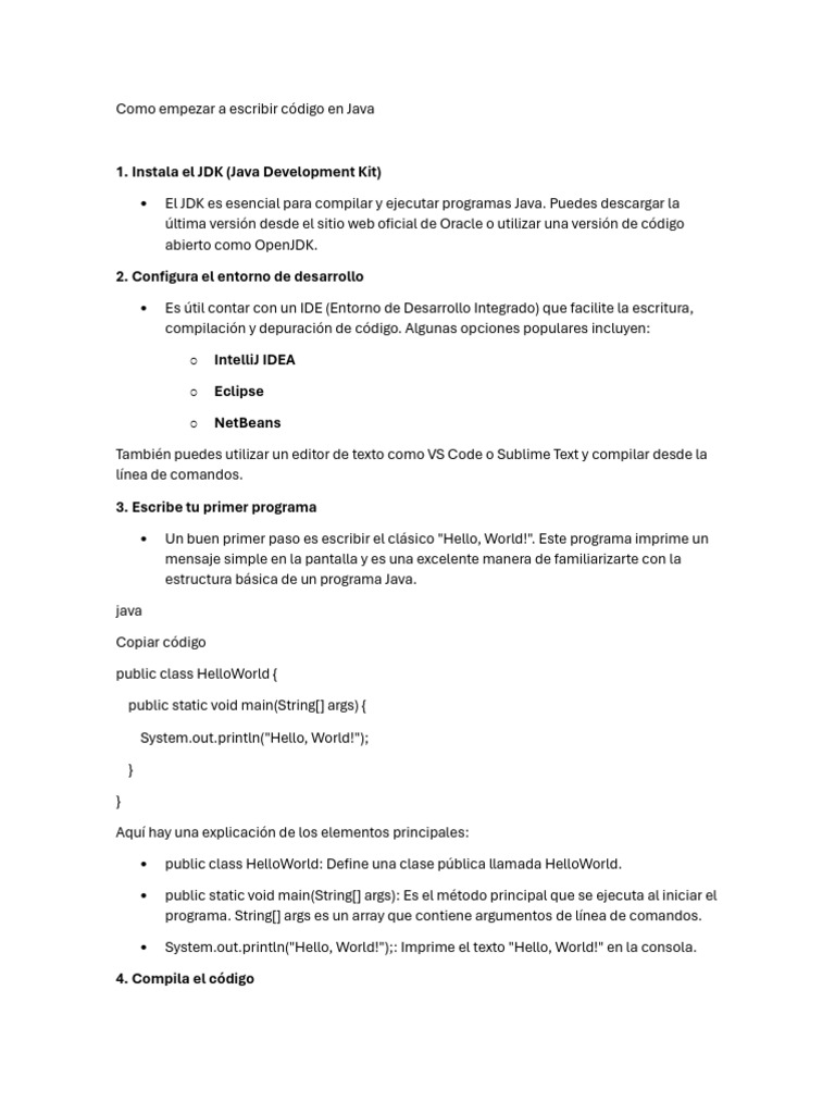 Cómo iniciar en programación Java | PDF | Java (lenguaje de ...
