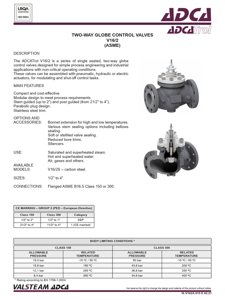 ADCA V16/2 Two-Way Globe Control Valves | PDF | Valve | Actuator