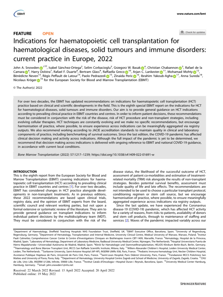 Indications For Haematopoietic Cell Transplantation For Haematological ...