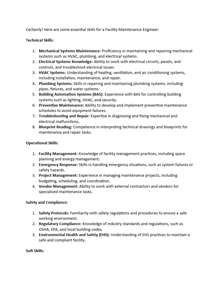 Skills For Facility Maintenance Engineer | PDF | Safety | Plumbing
