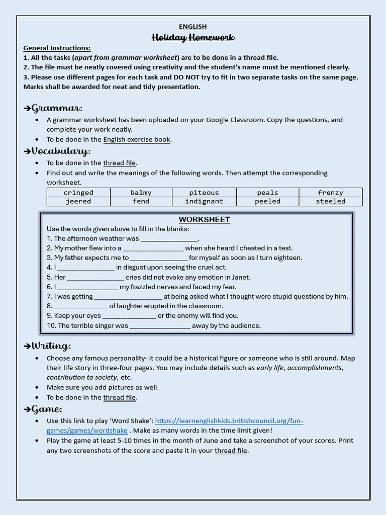 Holiday Homework: English Tasks Overview | PDF