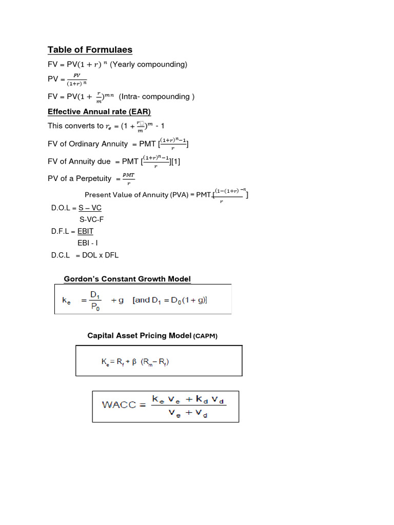 Finance For Marketing - Table of Formulaes | PDF | Finance & Money ...