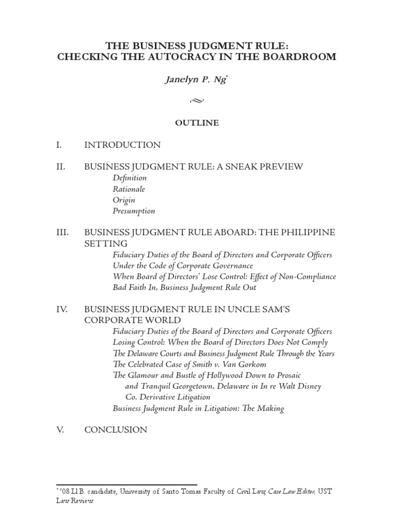 The Business Judgment Rule Board Of Directors Legal