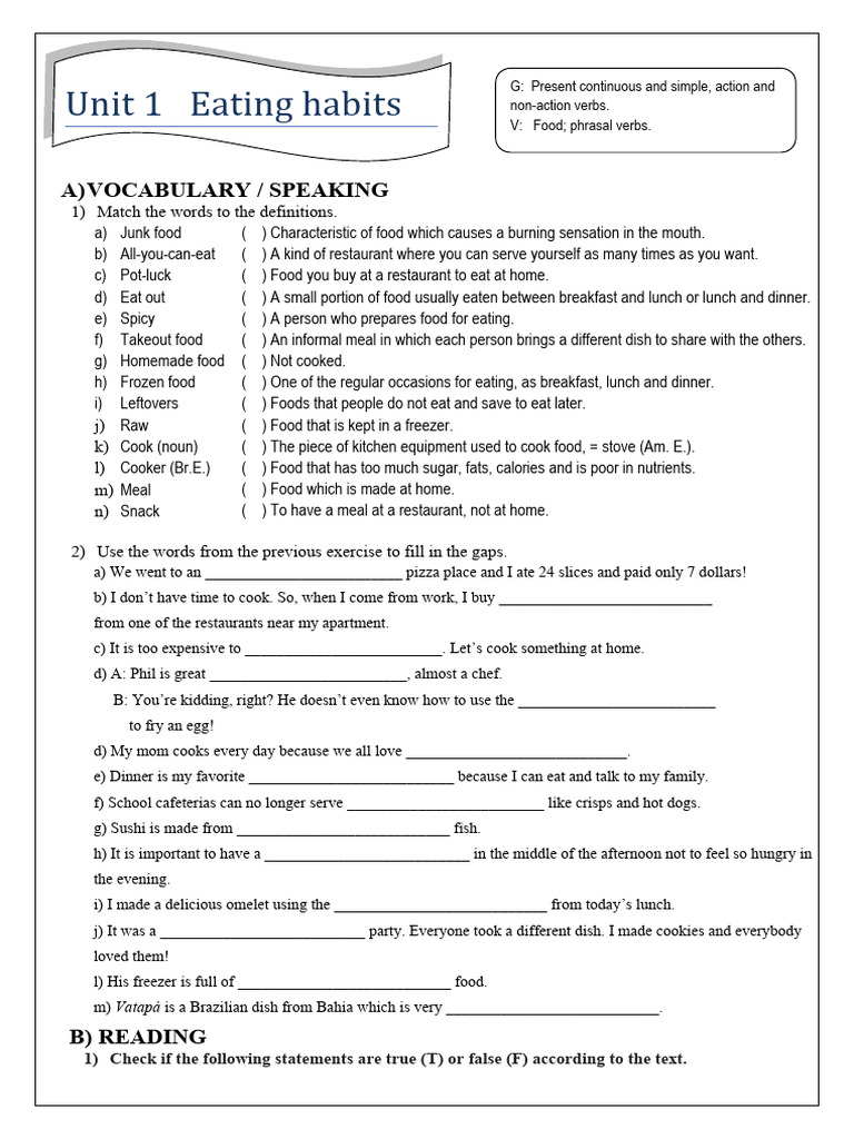 Unit 1 Eating Habits Pdf Lunch Fructose