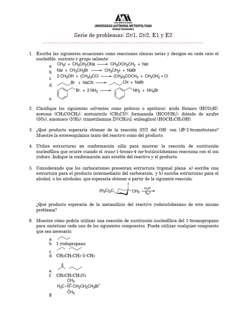 Serie de Problemas: S 1, S 2, E1 y E2 | PDF | Reacciones orgánicas ...