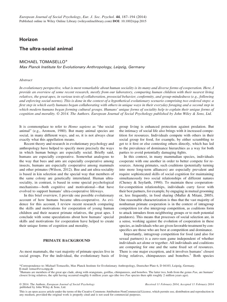 2014 The Ultra Social Animal Tomasello | PDF | Michael Tomasello | Human