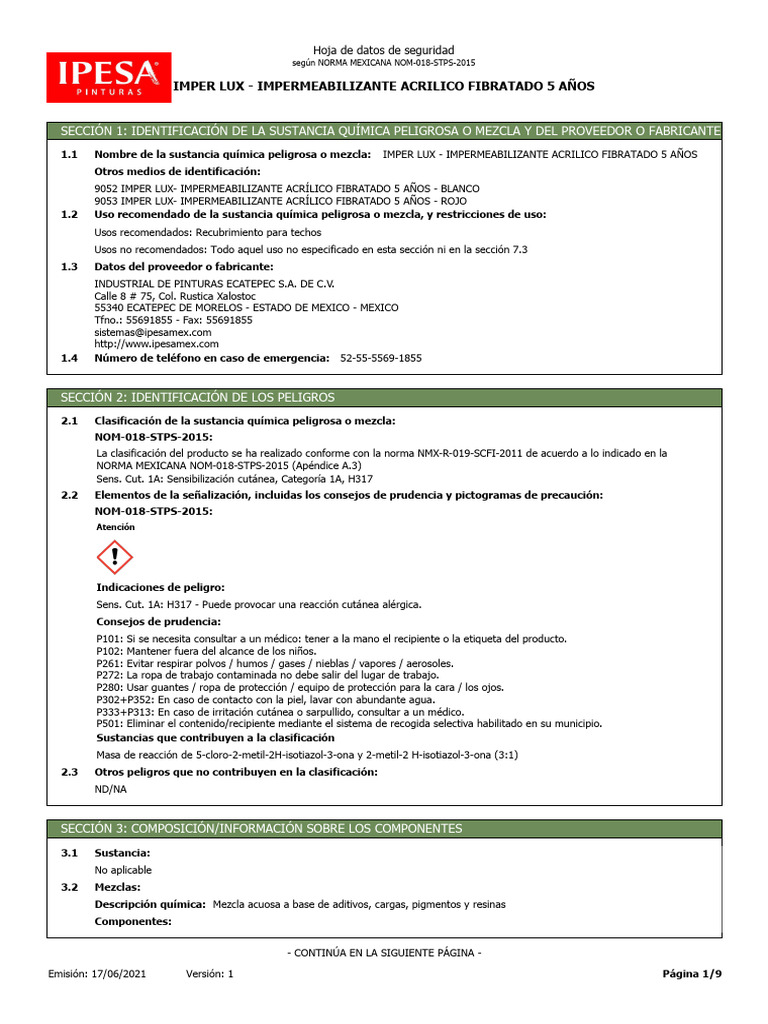Impermeabilizante Acrílico Imper Lux 5 Años | PDF | Residuos | Toxicidad