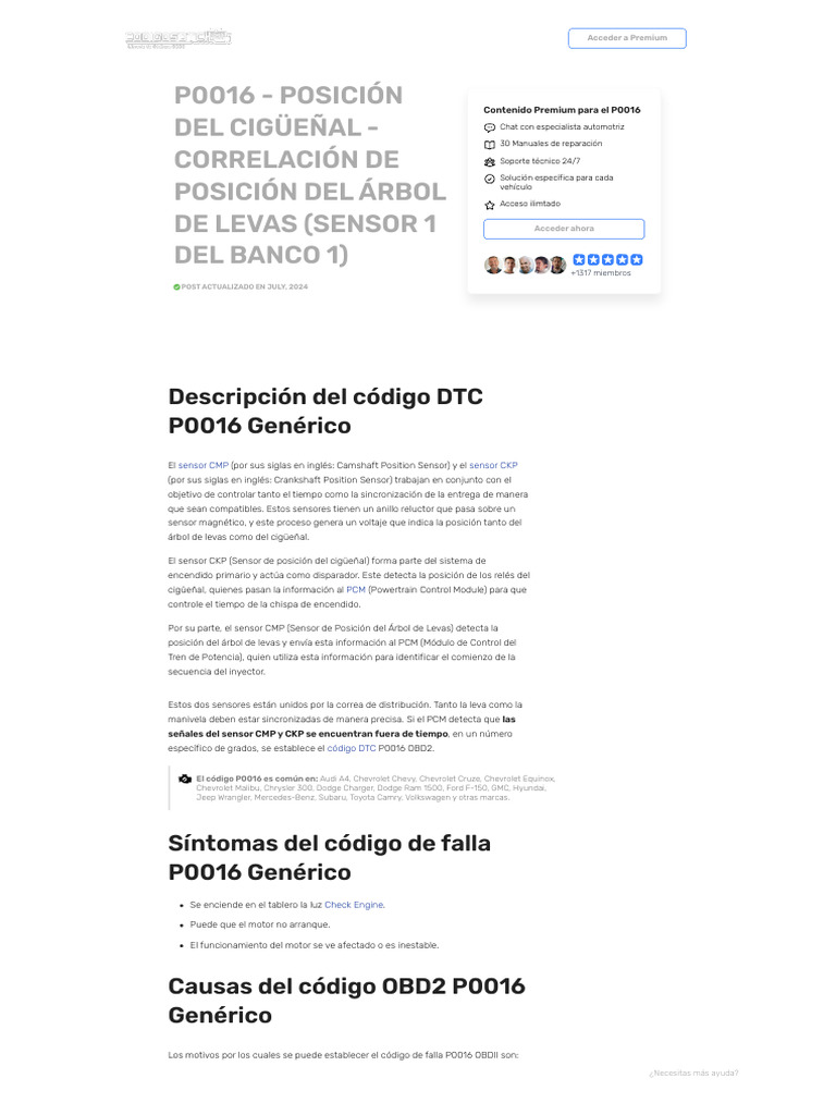 CÓDIGO P0016 (Todas Las Marcas) - Síntomas y Soluciones | PDF ...