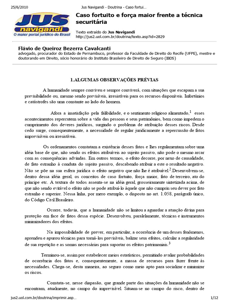 Caso Fortuito e Força Maior no Seguro | PDF | Seguro | Relação de ...