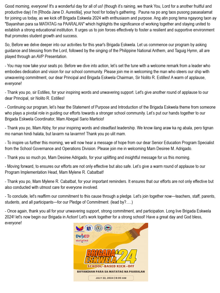 Brigada Eskwela 2024 Kickoff Program | PDF