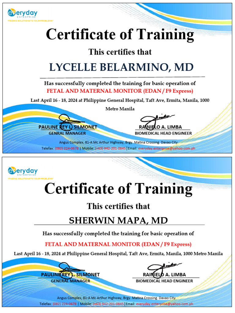 Fetal and Maternal Monitor Training Certificate | PDF | Manila