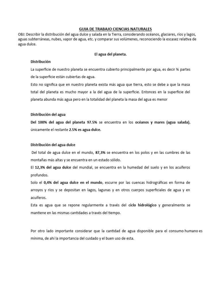 Distribución del Agua en la Tierra | PDF | Agua | Agua dulce
