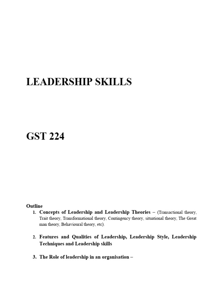 Leadership Skills and Theories Overview | PDF | Leadership ...