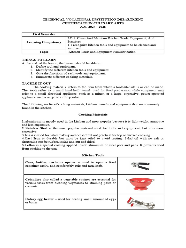 Kitchen Tools and Equipment Overview | PDF | Kitchen Utensil | Kitchen