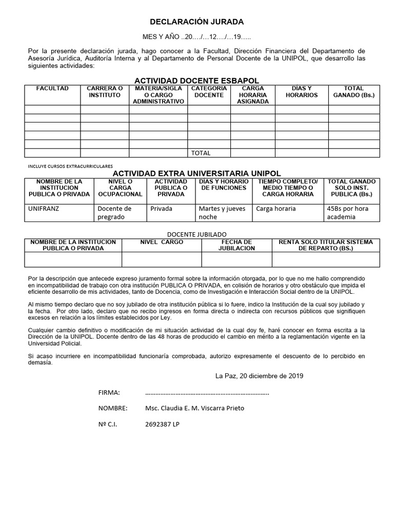 Declaración Jurada de Actividades Docentes | PDF | Institución