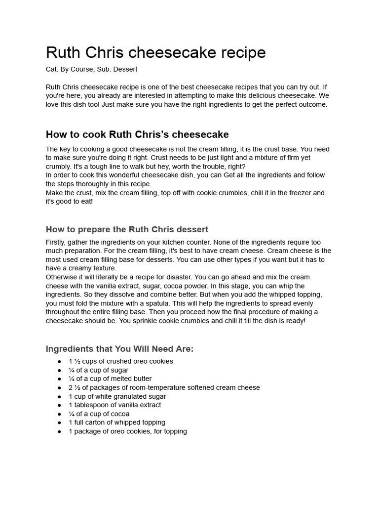 Ruth Chris Cheesecake Recipe Guide | PDF | Cheesecake | Desserts
